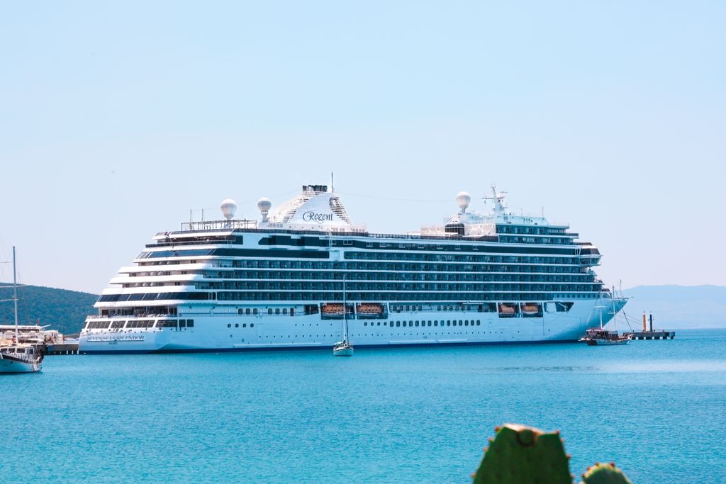 A majestic luxury cruise ship docked at a beautiful harbor on a sunny day.