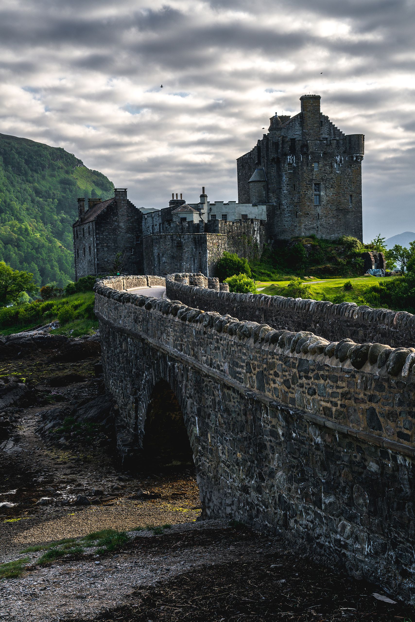 A scenic view of Eilean Donan Castle with its iconic stone bridge, set against a lush green landscape.