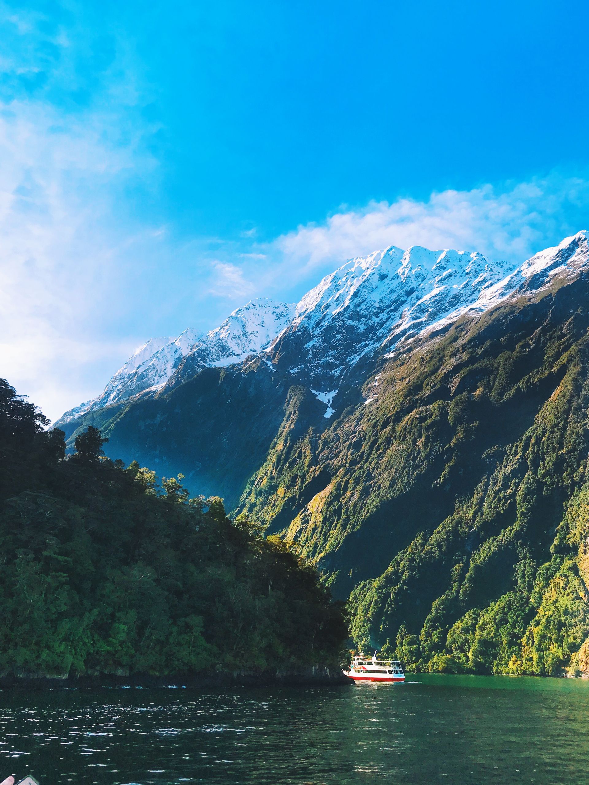 A stunning view of Milford Sound in Southland, New Zealand, featuring a boat against majestic snow-capped mountains.